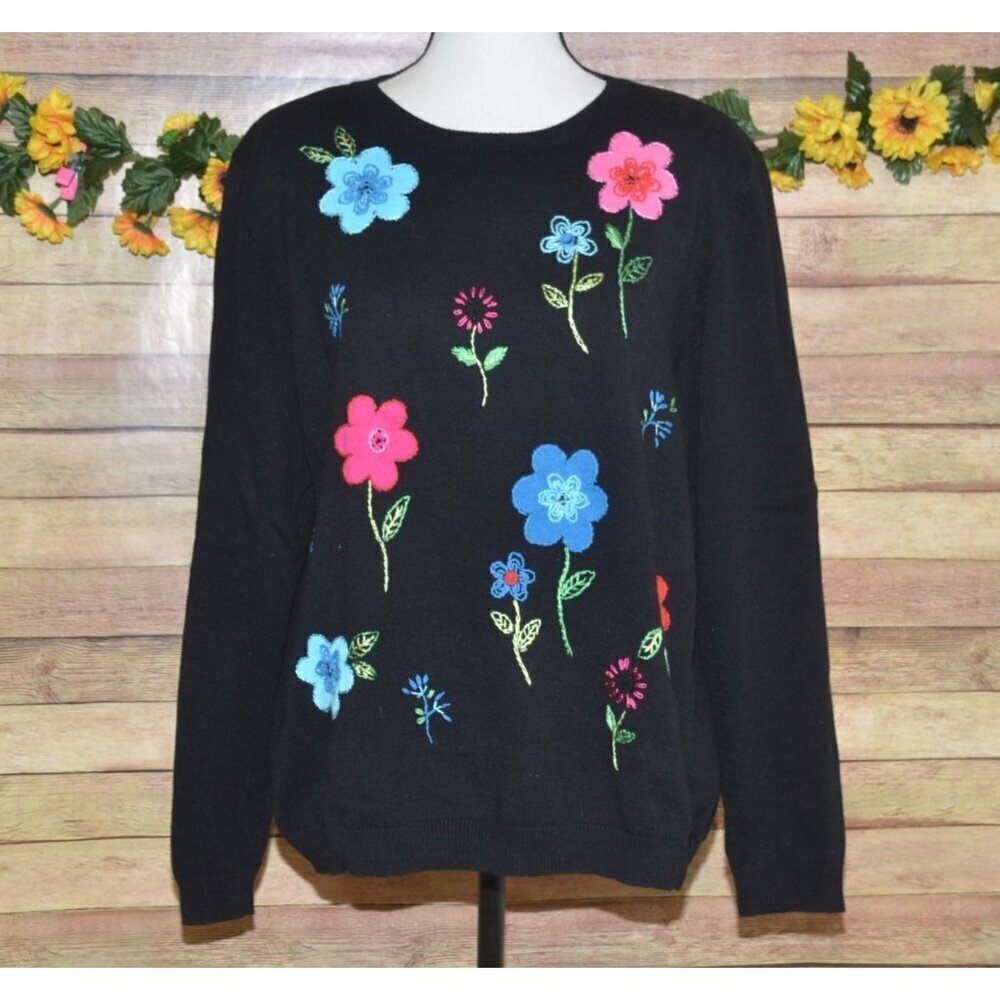 Alfred Dunner XL Black Pullover Crewneck Sweater Embroidered Flowers Long Sleeve
